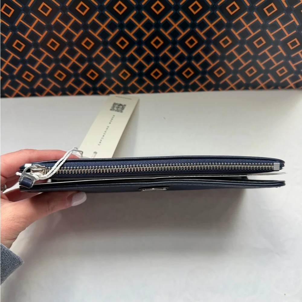 Tory Burch Nylon Small Slim Envelope Wallet Tory Navy Blue Silver